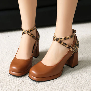 Xajzpa Round Toe Beige High Heels Women Shoes 2025 Spring Pumps Sandals Ladies Sweet 12cm Straps African Branded Brief Leopard Casual C
